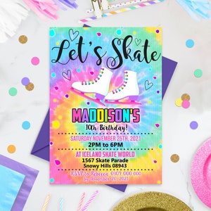 ICE SKATE INVITATION Instant Download Ice Skating Birthday Invitation Ice Skating Party Ice Skate Tie Dye Invitation Instant Editable Corjl