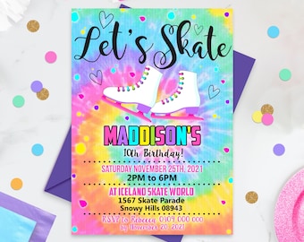 ICE SKATE INVITATION Instant Download Ice Skating Birthday Invitation Ice Skating Party Ice Skate Tie Dye Invitation Instant Editable Corjl