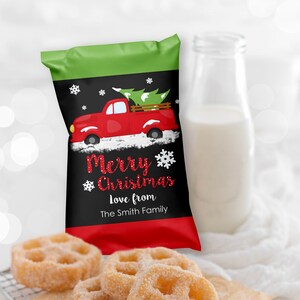 Christmas Chip Bag Printable Red Truck Chip Bag Editable Candy Bag Christmas Ute Favors Printable Chip Wrapper Red Truck Party Decor Xmas