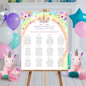 Könnte beinhalten: Ein regenbogenfarbener Sitzplan mit einer Einhorn-Illustration und goldenen Glitzerakzenten. Der Plan listet die Tische und Namen für eine Geburtstagsfeier auf. Der Text lautet "Madelyn Jade Elliot 1. Geburtstag - 09.11.2018 Bitte finden Sie Ihren Platz."