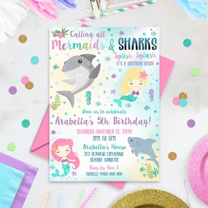 MERMAID SHARK Invitation Instant download Mermaid and Shark Party Invitation Editable Summer Birthday Invites Shark and Mermaid Invitation