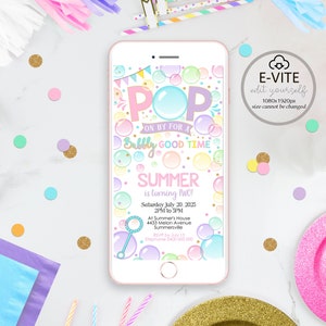 May include: A digital invitation for a birthday party with a bubble theme. The invitation features a colorful illustration of bubbles with the text "Pop On By For A Bubbly Good Time Summer is Turning Two!" and party details.