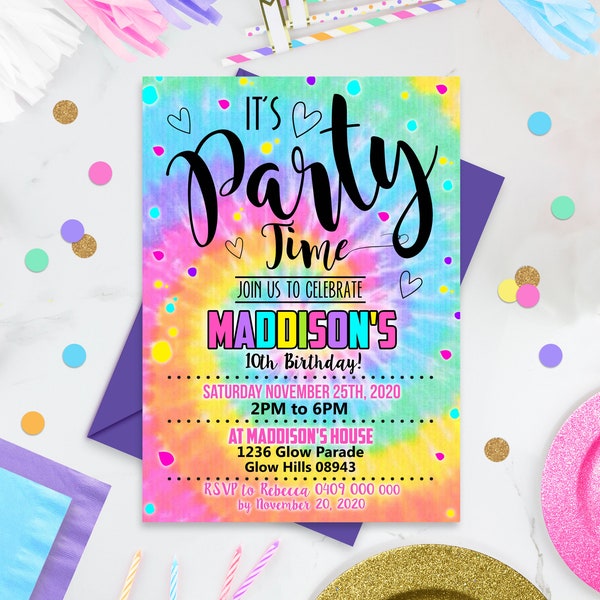 TIE DYE PARTY Invitation Instant Download Rainbow Tie Dye Birthday Invitations Editable Tie Dye Party Invitations Printable Tie-Dye Party