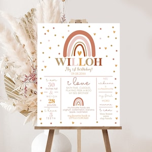 BOHO RAINBOW decoraciones de cumpleaños editable moderno arco iris hito cartel de cumpleaños imprimible Boho arco iris pizarra hito cartel Corjl