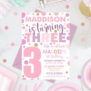 THIRD BIRTHDAY INVITATION Three Birthday Invitation Editable Confetti 3rd Birthday Invitation Instant Download Girl 3rd Party Spots Pink