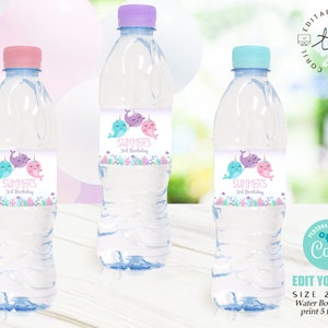 NARWHAL Water Bottle Labels Editable Narwhal Water Bottle Labels Corjl Girl Narwhal Water Bottle Wraps Narwhal Party Water Label Editable 1E