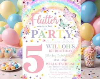 Butterfly Birthday Invitation: Rainbow Party (Instant Download)