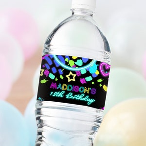 GLOW Water Bottle Labels Editable NEON Water Bottle Labels Corjl Glow Party Water Label Printable Neon Paint Splatters Water Bottle Wrapper
