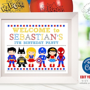 SUPERHERO WELCOME SIGN Instant Download Superhero Sign Superhero Birthday Welcome Sign Superhero Party Superhero Party Printables Corjl