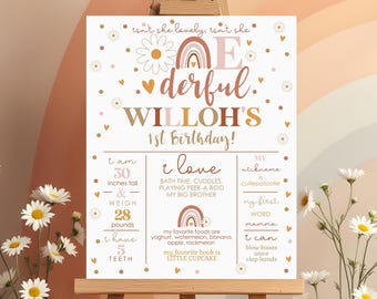 Affiche du 1er anniversaire Boho Rainbow Daisy : panneau d'étape modifiable (téléchargement numérique)