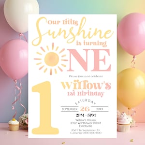 Sunshine First Birthday Invitation: Editable Boho Sun Evite (Digital Download)