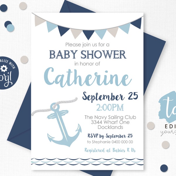 NAUTICAL BABY SHOWER Invitation Anchor Baby Shower Invitations Navy Blue Nautical Baby Shower Invitation Boy Baby Shower Invitations Corjl