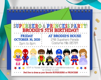 May include: A blue and white invitation for a superhero and princess party for Brodie's 5th birthday. The invitation features a row of cartoon superheroes and princesses, including Spiderman, Batman, Captain America, and a princess. The text reads "SUPERHERO & PRINCESS PARTY! BRODIE'S 5TH BIRTHDAY! FRIDAY OCTOBER 30, 2020 5pm to 8pm AT BRODIE'S HOUSE 2981 Supehero Parade Costume Hills 015789 RSVP to Michelle 0409 000 000 or tweet@internodeonnet by October 21, 2020 Feel free to dress as your favorite SUPERHERO or PRINCESS!"