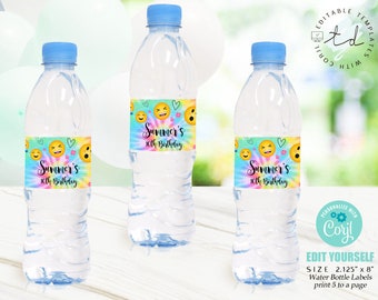 EMOJI WATER BOTTLE Labels Editable Water Bottle Labels Emoji Tie Dye Emoji Party Decor Instant Download Water Bottle Labels Emoji Party