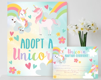 ADOPT A UNICORN Certificate: Printable Rainbow Party Favor (Digital Download)