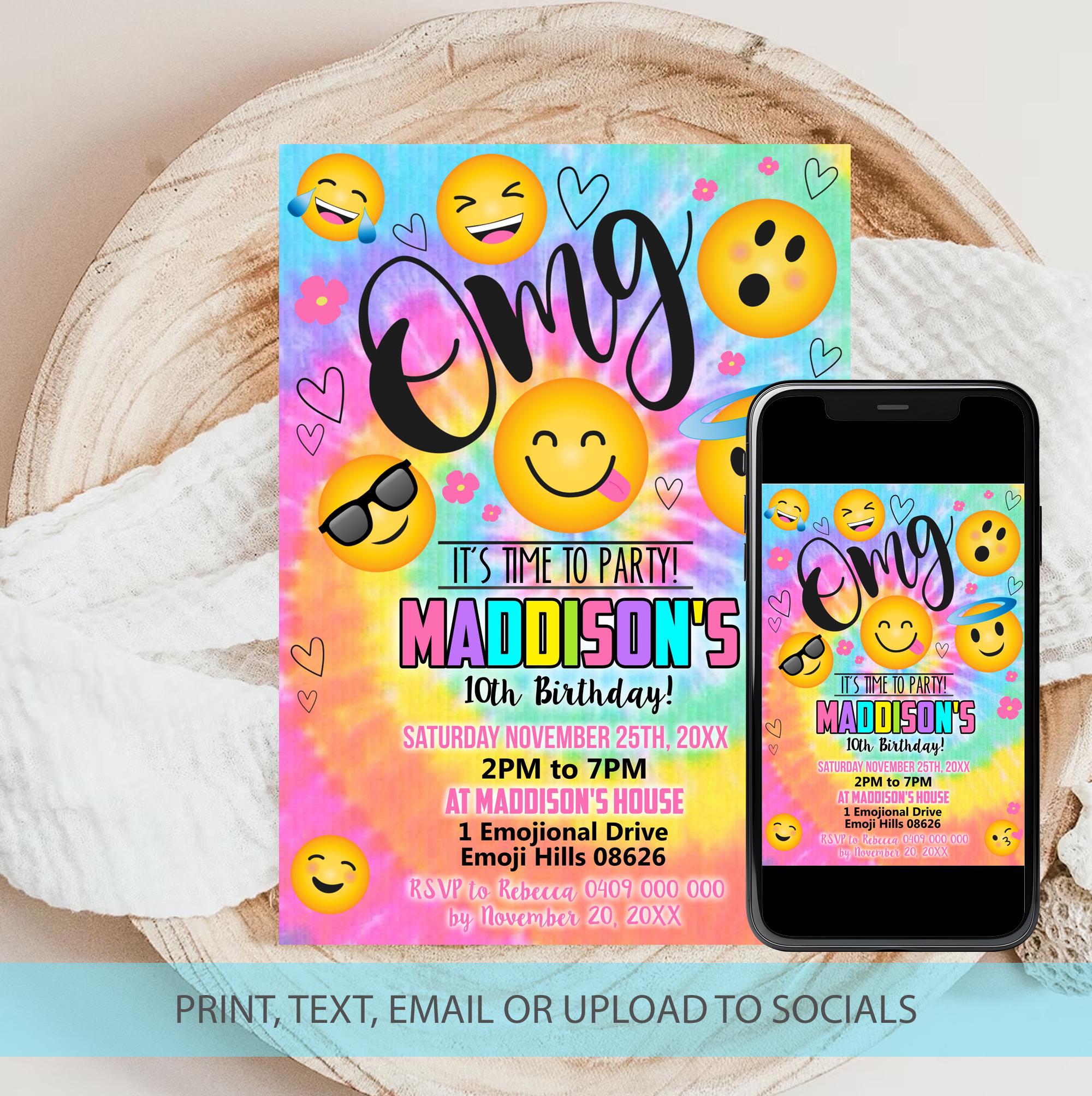 Emoji Birthday Invitation: Tie Dye Party, Editable Template (digital  Download) - Etsy, image size:2000x2008