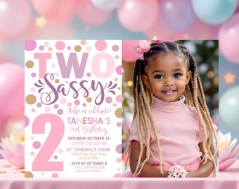 Two Sassy Birthday Invitation: Pink Confetti, Photo Invite, Editable (Digital Download)