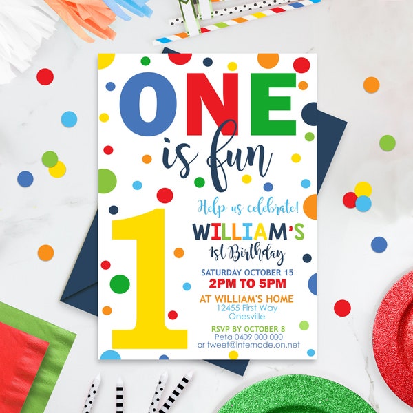 ONE IS FUN 1st Birthday Invitation Polka Dot 1st Birthday Invitation Instant Download Boy First Birthday Invitation primary colors 0224