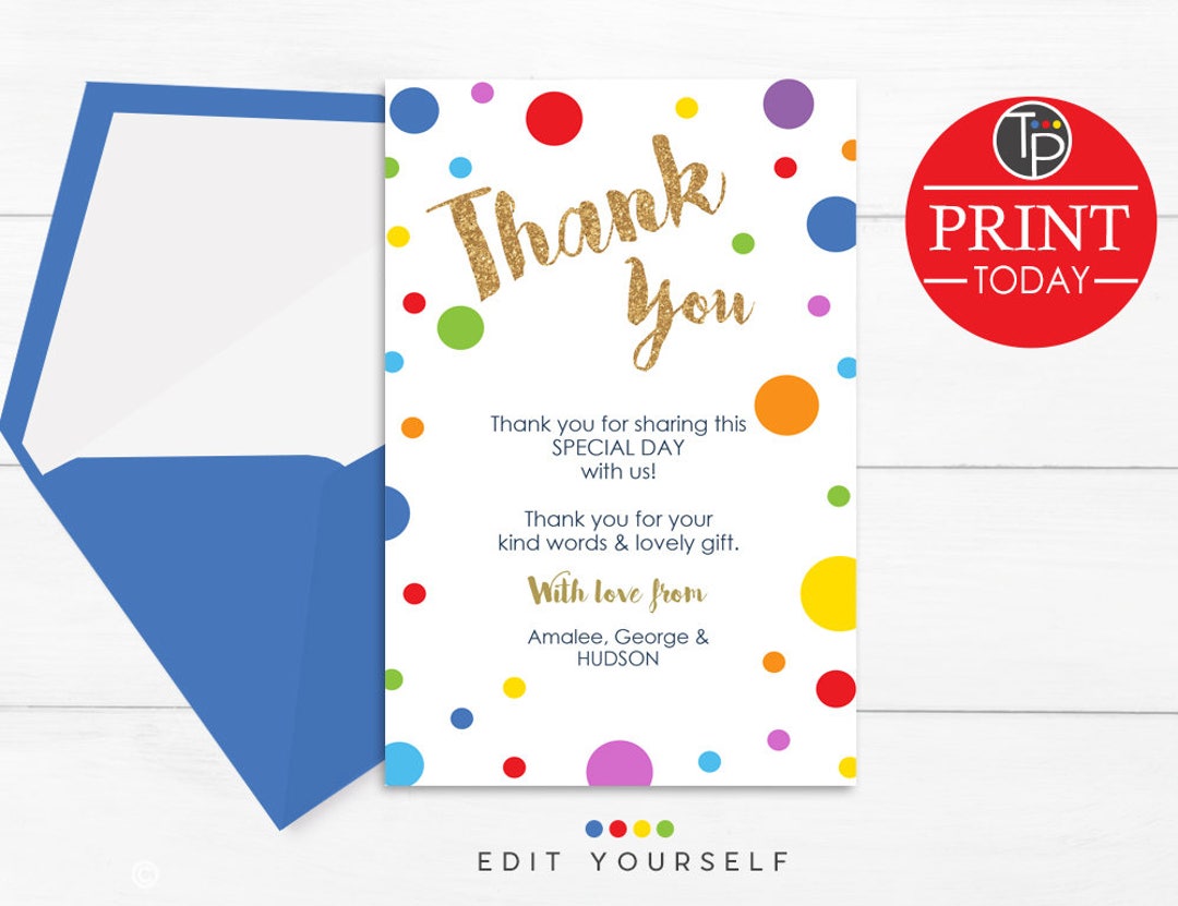 Boy THANK YOU Card, Primary Colors Thank You Card, Boy Themed Party