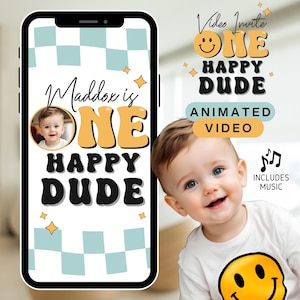 ONE HAPPY DUDE Video Invitation Editable One Happy Dude Birthday Invitation Retro One Happy Dude 1st Birthday Invitation Boy 1st Birthday