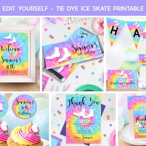 ICE SKATE PARTY Package Instant download Tie Dye Ice Skate Printable Ice Skating Party Editable Ice Skating Party Decorations Rainbow Ice