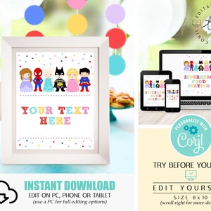 PRINCESS SUPERHERO PARTY Signs Editable Party Signs Corjl Superhero Decorations Princess Superhero Decoration Boy Girl Party Corjl Party