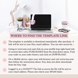 May include: A workspace setup with a laptop, headphones, and a coffee mug. The text "WHERE TO FIND THE TEMPLATE LINK" is displayed above instructions on how to download a template from Etsy.