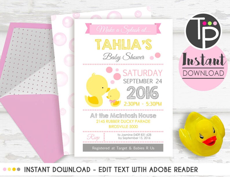 Pink Rubber Duck Baby Shower Invitation Instant Girl