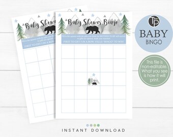 Black Bear BINGO GAME Instant Download Baby Shower Game Baby Shower Bingo Adventure Baby Shower Bingo Mountain Bingo Game Boy Baby 0265