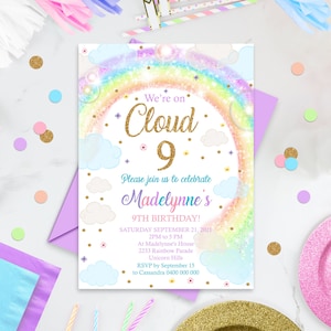 RAINBOW CLOUD 9 INVITATION Editable Rainbow Clouds 9th Birthday Invitation Corjl We're on Cloud 9 Invitations Rainbow and Clouds Invitation