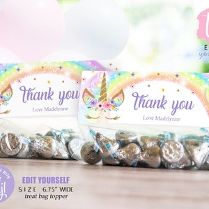 Rainbow Unicorn Treat Bag Topper Rainbow Unicorn Sandwich Bag Topper Rainbow Unicorn Favors Editable Bag Topper Rainbow Unicorn 0210