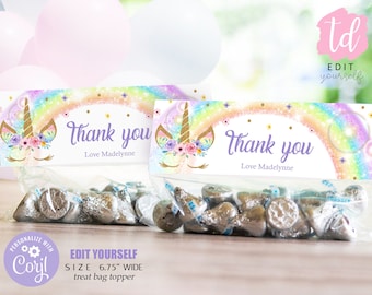 Rainbow Unicorn Treat Bag Topper: Editable Party Favors (Digital Download)