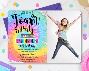 FOAM Party Birthday Invitation Foam Birthday Party Editable Foam Party Girl Tie Dye Foam Photo Invitation Instant Download Corjl Foam Party