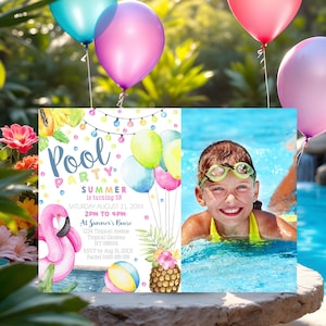 May include: A pool party invitation with the text "Pool Party Summer is turning 10!" and event details. The design includes a flamingo, balloons, and a pineapple. A child wearing goggles is in a pool.