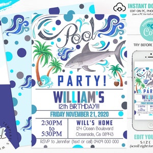 POOL PARTY INVITATION Shark Pool Party Invitation Instant Download Pool Party Boy Invitation Corjl Invitations Pool Party Birthday Shark image 2