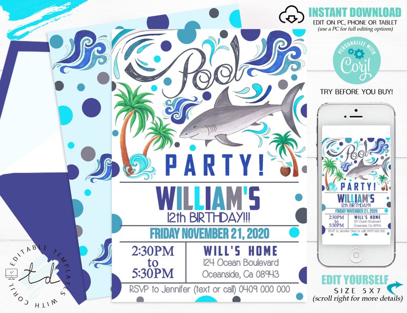POOL PARTY INVITATION Shark Pool Party Invitation Instant Download Pool Party Boy Invitation Corjl Invitations Pool Party Birthday Shark image 2