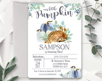 PUMPKIN BIRTHDAY PARTY Invitation Fall First Birthday Pumpkin and Deer Boy Birthday Corjl Our little Pumpkin Boy Fall Pumpkin Birthday Invit
