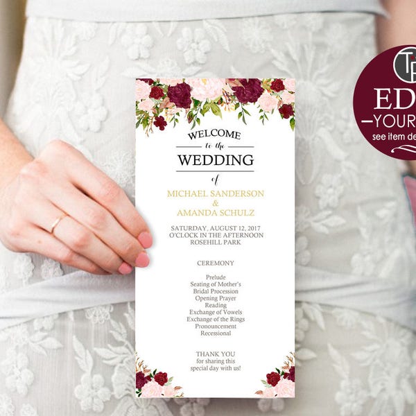 Wedding Program Template, Instant Download, Burgundy Wedding Program, Floral Wedding Program, Marsala Wedding Program, Editable, 0204