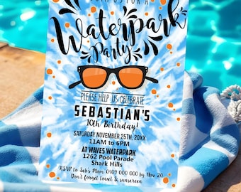 Tie Dye Wasserpark Party Einladung: Wasserrutsche Pool Party (DIY Evite, 13x18, digitaler Download)
