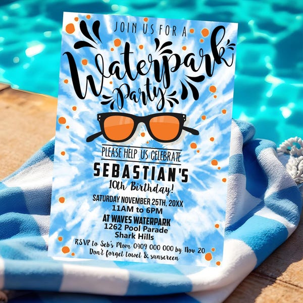 Tie Dye Wasserpark Party Einladung: Wasserrutsche Pool Party (DIY Evite, 13x18, digitaler Download)