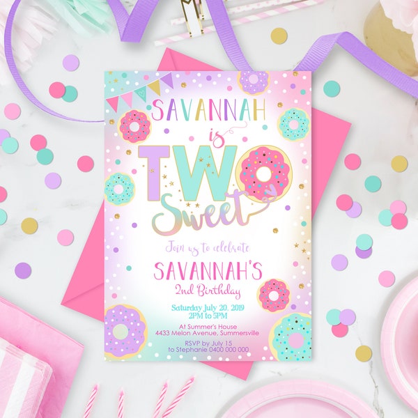 Two Sweet Donut Birthday Invitation Editable Second Birthday Invitation Girl Pink Doughnut Party 2nd Birthday Invitation Printable Download