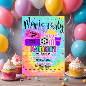 FILM-EINLADUNG MÄDCHEN Kino-Einladung Geburtstag Editierbare Film-Party-Geburtstags-Einladung Hinterhof Film-Party-Einladung Tie Dye Corjl