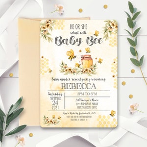 BEE BABY SHOWER Wat zal baby bee gender reveal uitnodiging Bewerkbare Bee uitnodiging Bijenkorf honingraat Bee Baby Shower Gender Reveal Party
