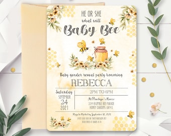 BEE BABY SHOWER What will baby bee gender reveal invitation Editable Bee Invitation Beehive honeycomb Bee Baby Shower Gender Reveal Party