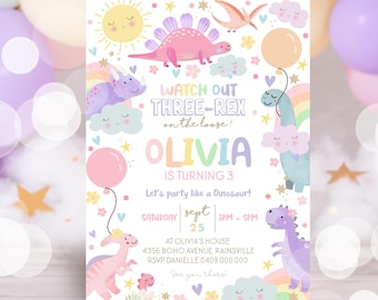 May include: A colorful dinosaur-themed birthday party invitation for a girl turning three. The invitation features a pink, purple, and blue dinosaur with a rainbow and clouds. The text reads "Watch out Three-Rex on the loose! Olivia is turning 3. Let's party like a Dinosaur! Saturday, Sept 25, 2PM-5PM. At Olivia's house, 4356 Boho Avenue, Rainsville. RSVP Danielle 0409 000 000. See you there!"