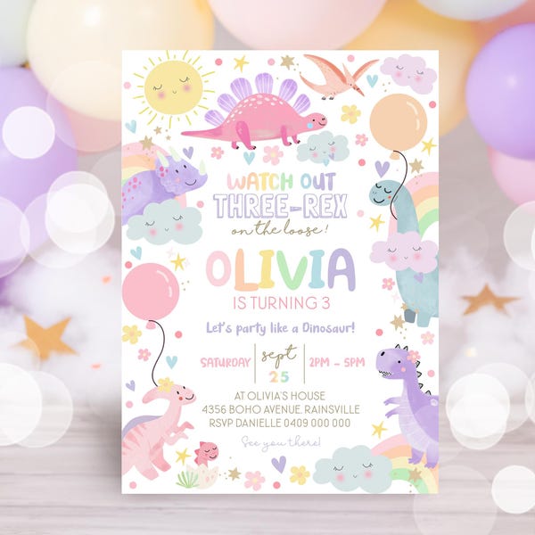 Invito per la festa di compleanno di Three Rex Girl: invito modificabile per la festa dei dinosauri (download digitale)