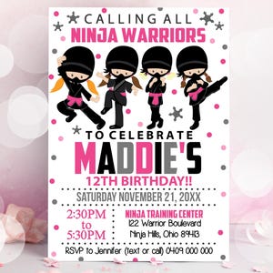 NINJA GIRL INVITATION Girl Ninja Party Ninja Printables Karate Invitation Girl Ninja Birthday Party Pink Ninja Warrior Girl Corjl Invitation