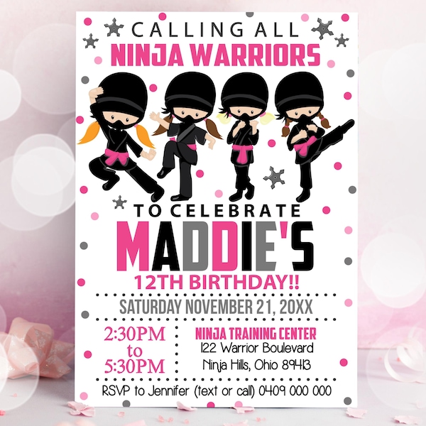 Invitación de cumpleaños para niña ninja: Fiesta de guerrera ninja rosa (Descarga digital DIY)