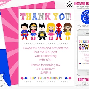 Girl SUPERHERO THANK YOU Card Instant Download Superhero Thank you Superhero Party Thank you Girl Superhero Party Corjl Editable Tempalte