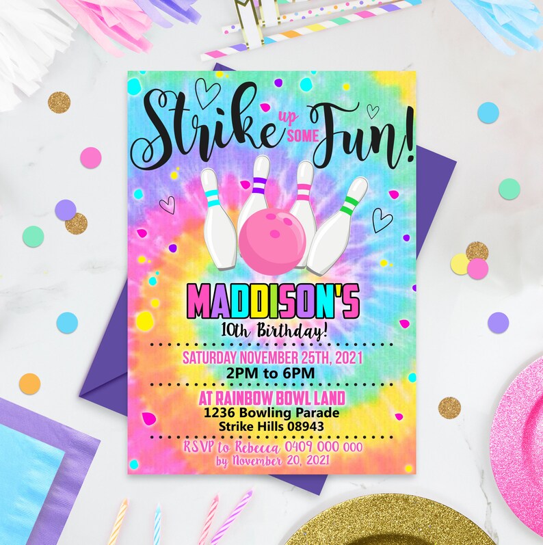 BOWLING PARTY INVITATION Bowling Tie Dye Invitation Tie Dye Bowling Invitation Corjl Invitation Bowling Birthday Party Corjl